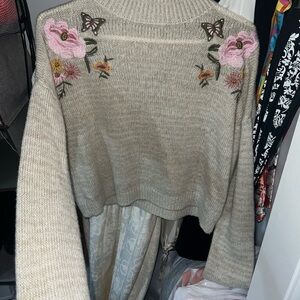 Cloud Chaser Tan and Pink Cowl Neck Sweater with Floral Embroidery